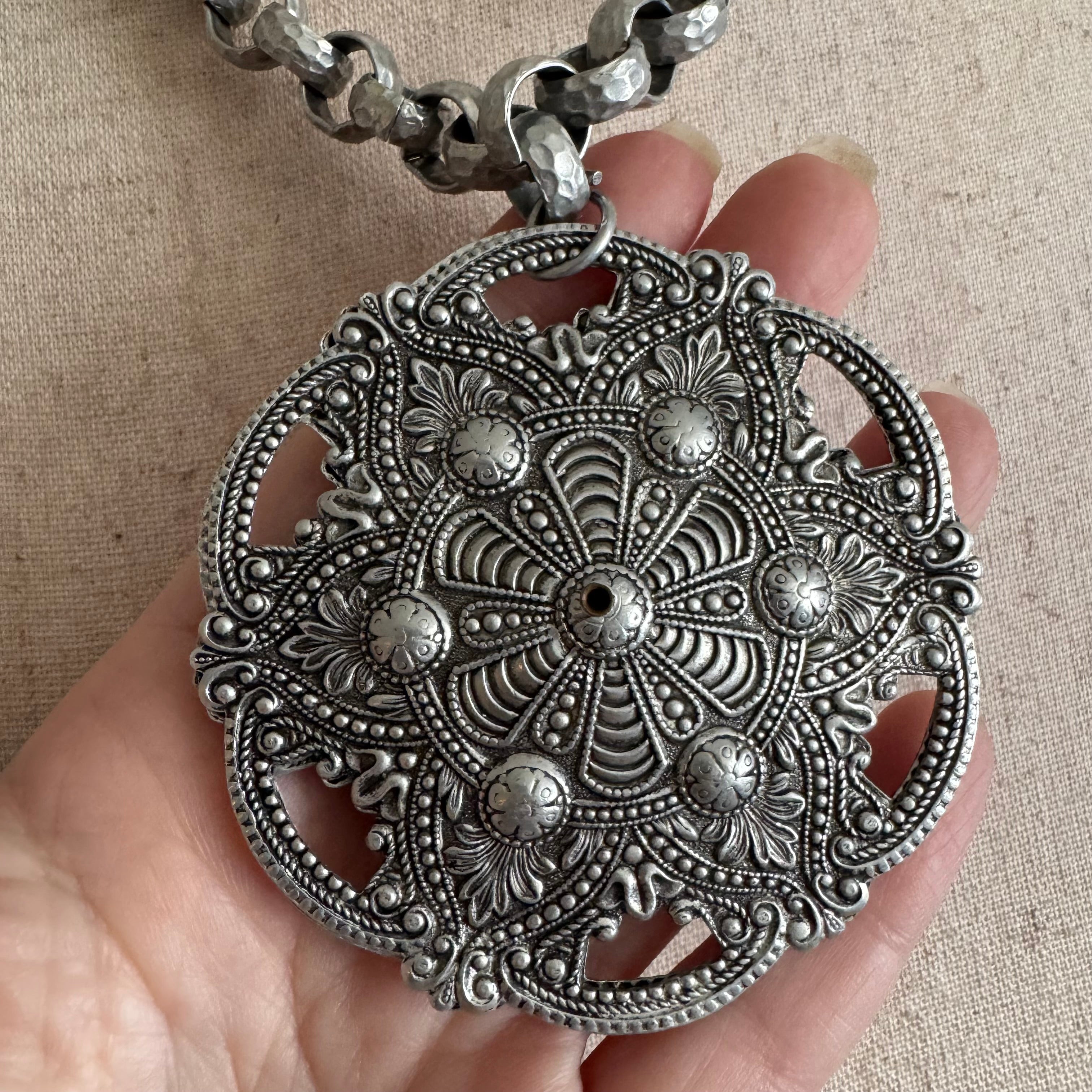 60’s Silver Aluminum Turquoise Western Large Pendant Necklace