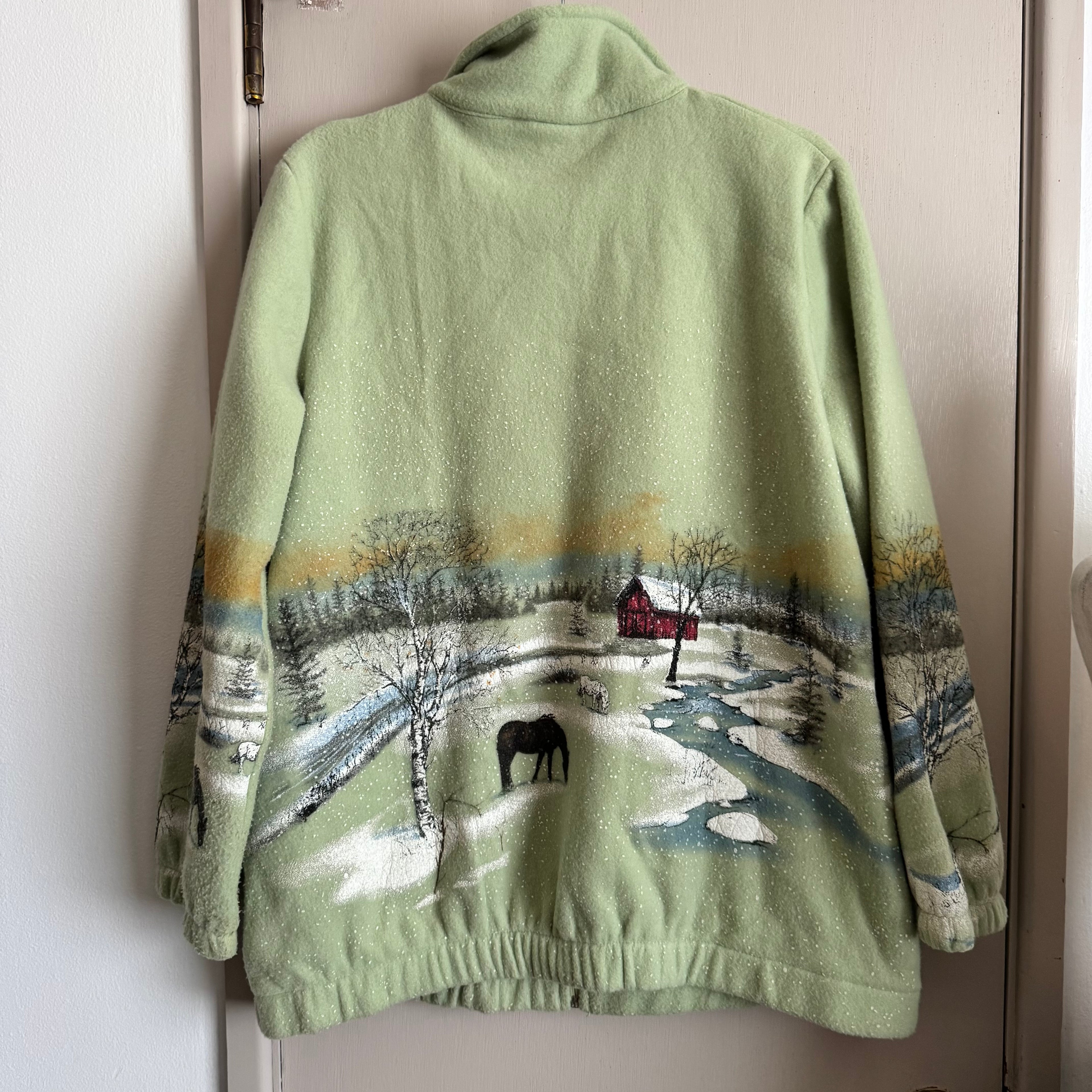 Green Snowy Horse All Over Print Fleece Zip Up Jacket
