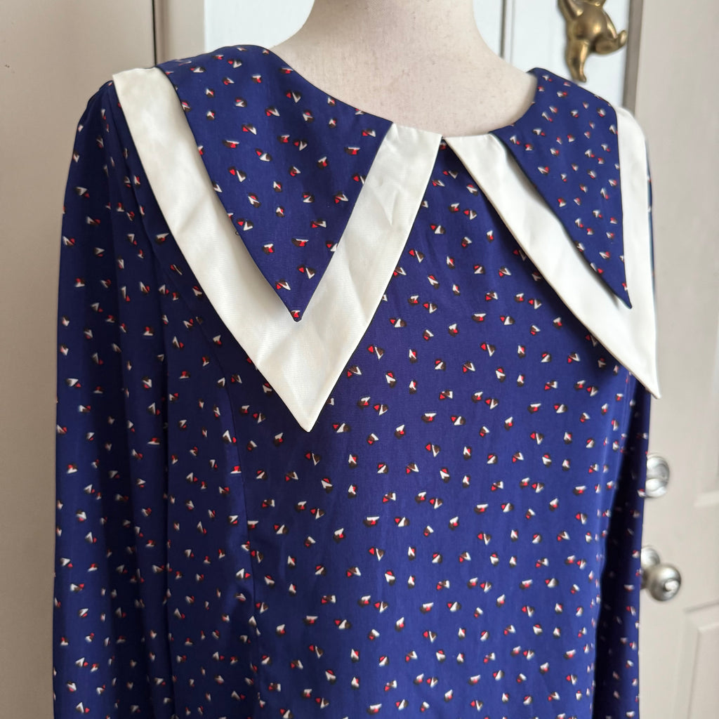 Retro Blue Printed Pointed Collar Dress