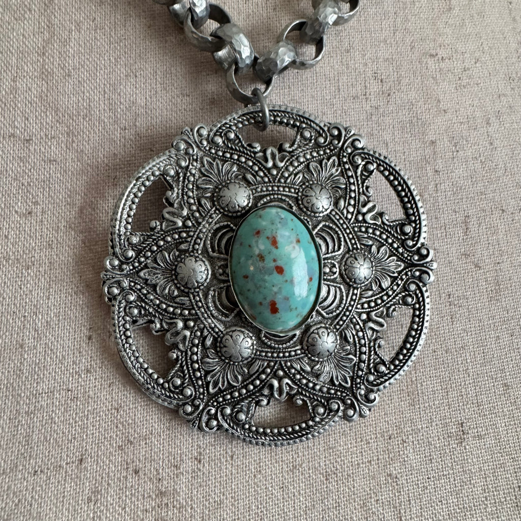 60’s Silver Aluminum Turquoise Western Large Pendant Necklace