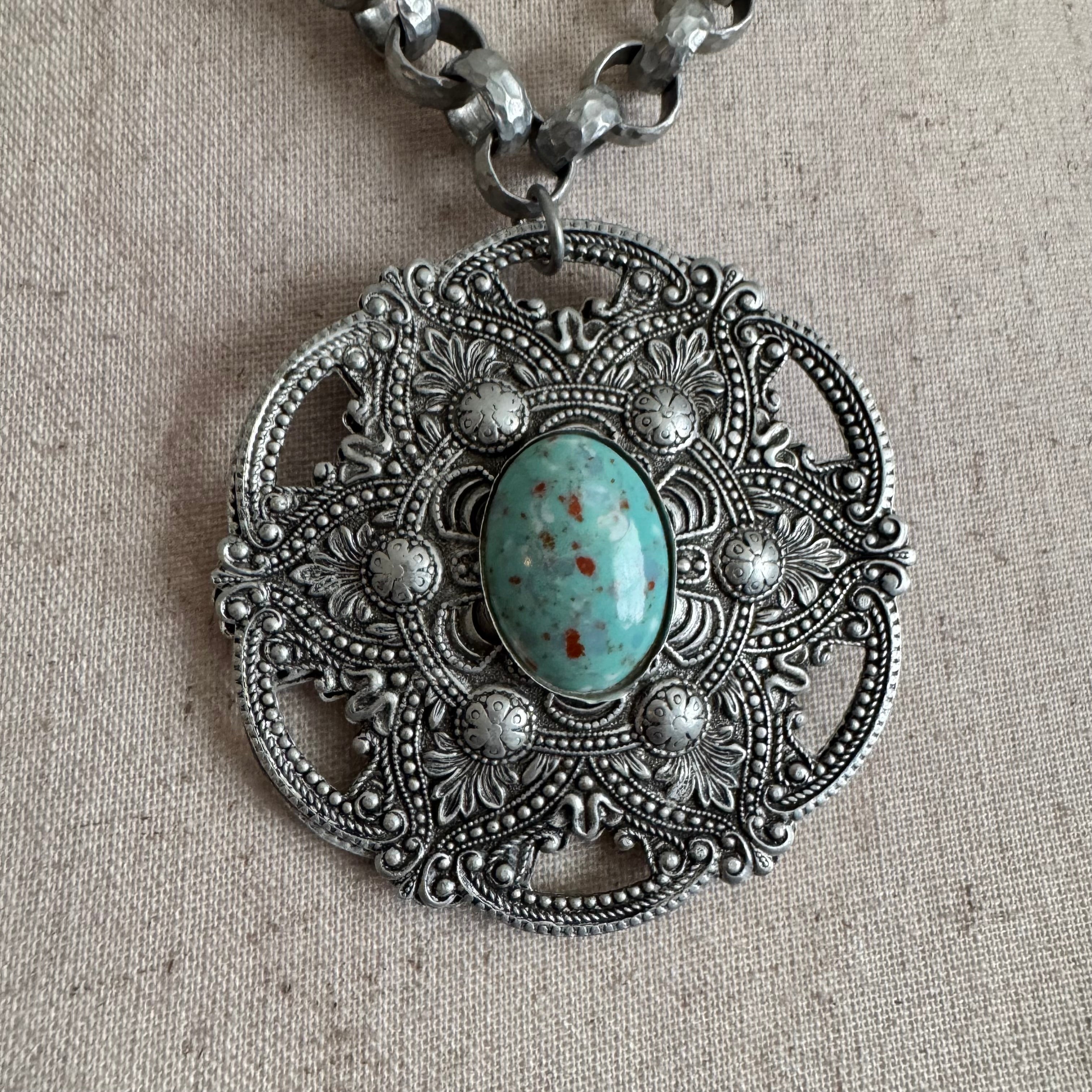 60’s Silver Aluminum Turquoise Western Large Pendant Necklace