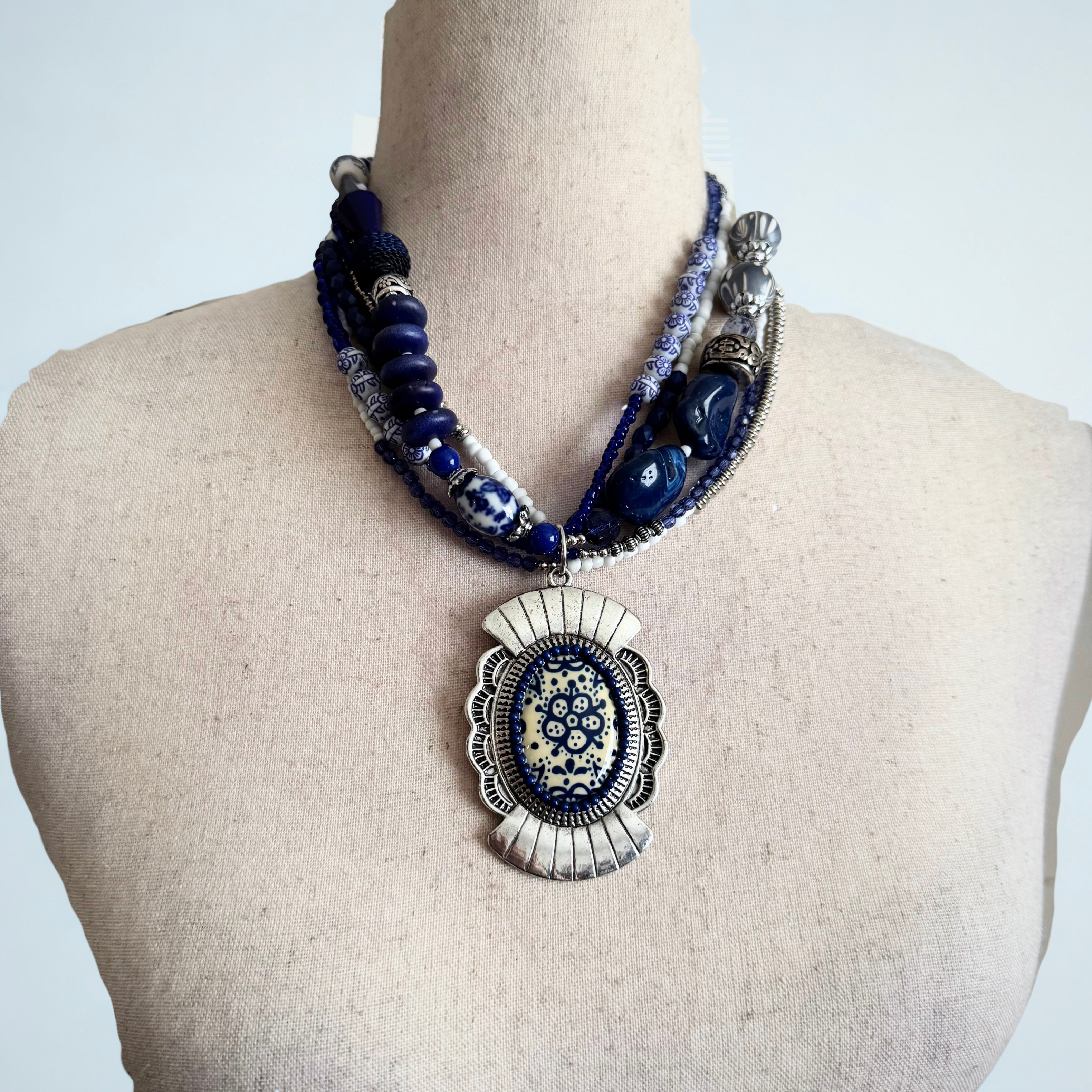 Large Blue Beaded Layered Pendant Necklace