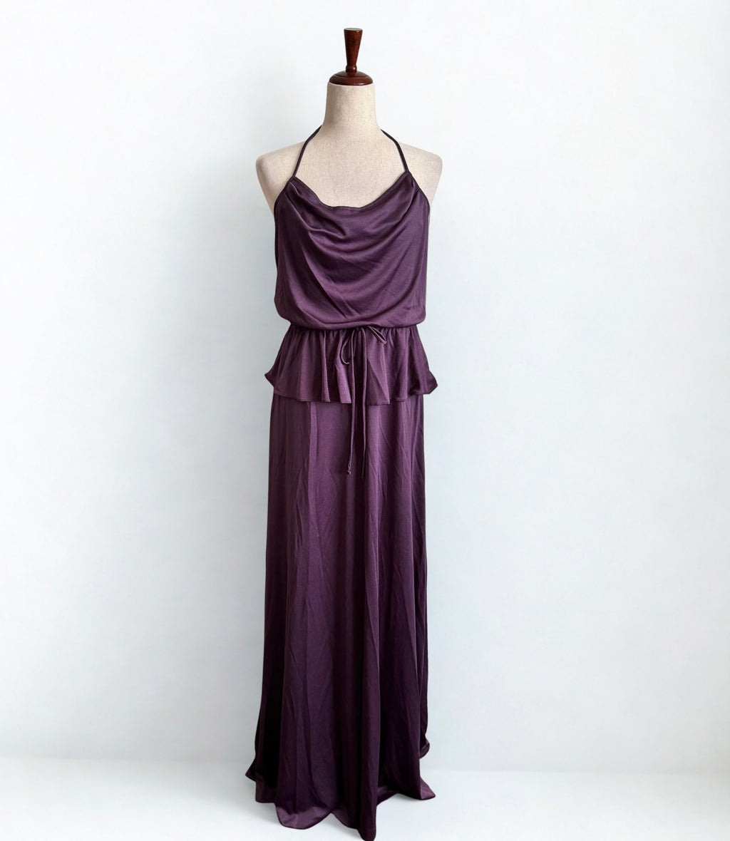 1970’s Plum Purple Peplum Waist Halter Maxi Dress