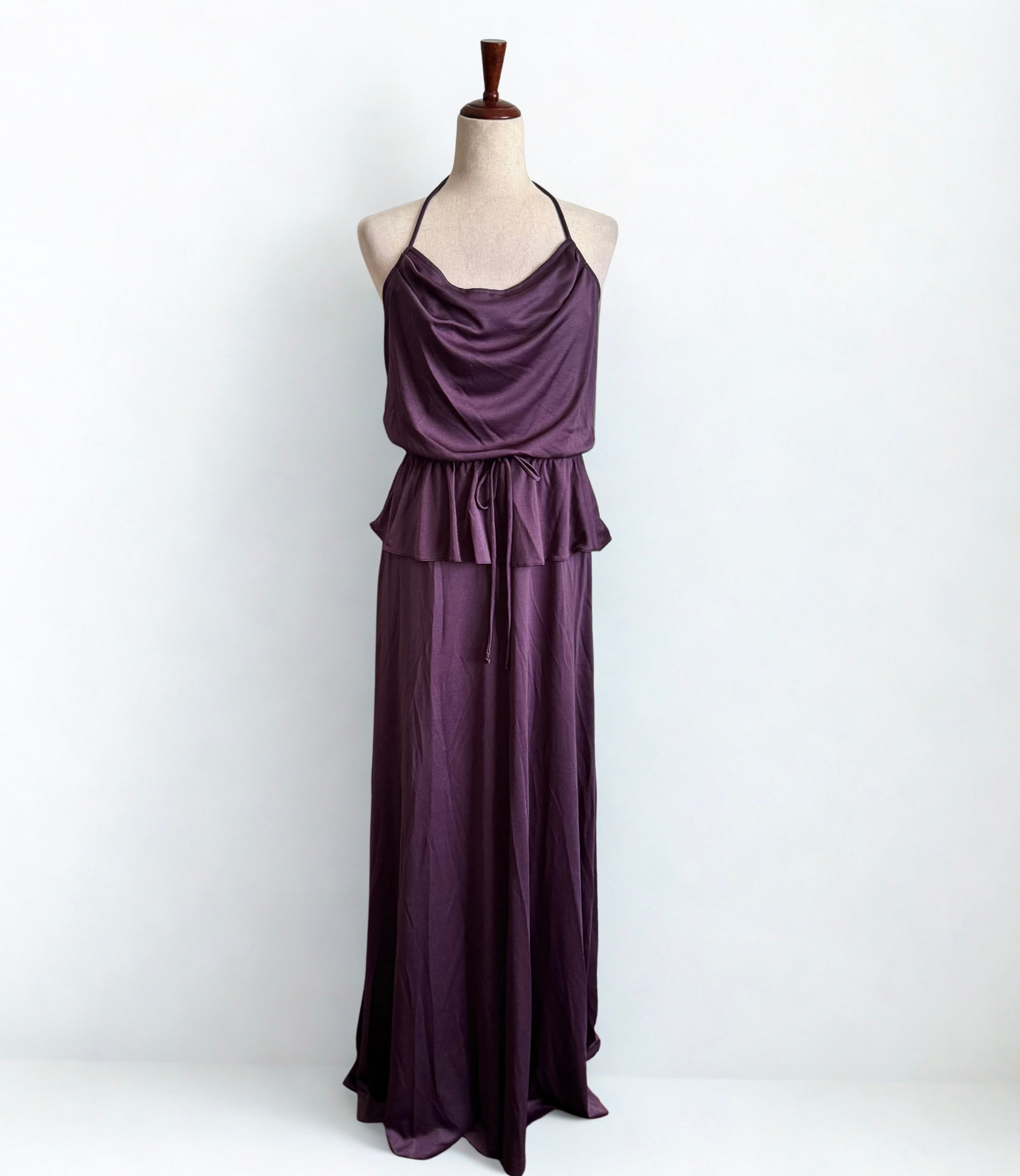 1970’s Plum Purple Peplum Waist Halter Maxi Dress
