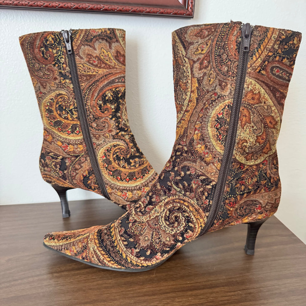 Predictions Brown Paisley Pointed Toe Mid Calf Boots