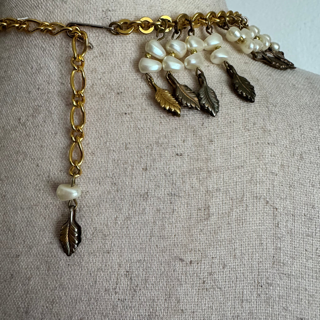 Pearl & Gold Leaf Statement Collar Necklace