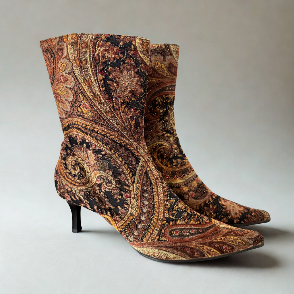 Predictions Brown Paisley Pointed Toe Mid Calf Boots