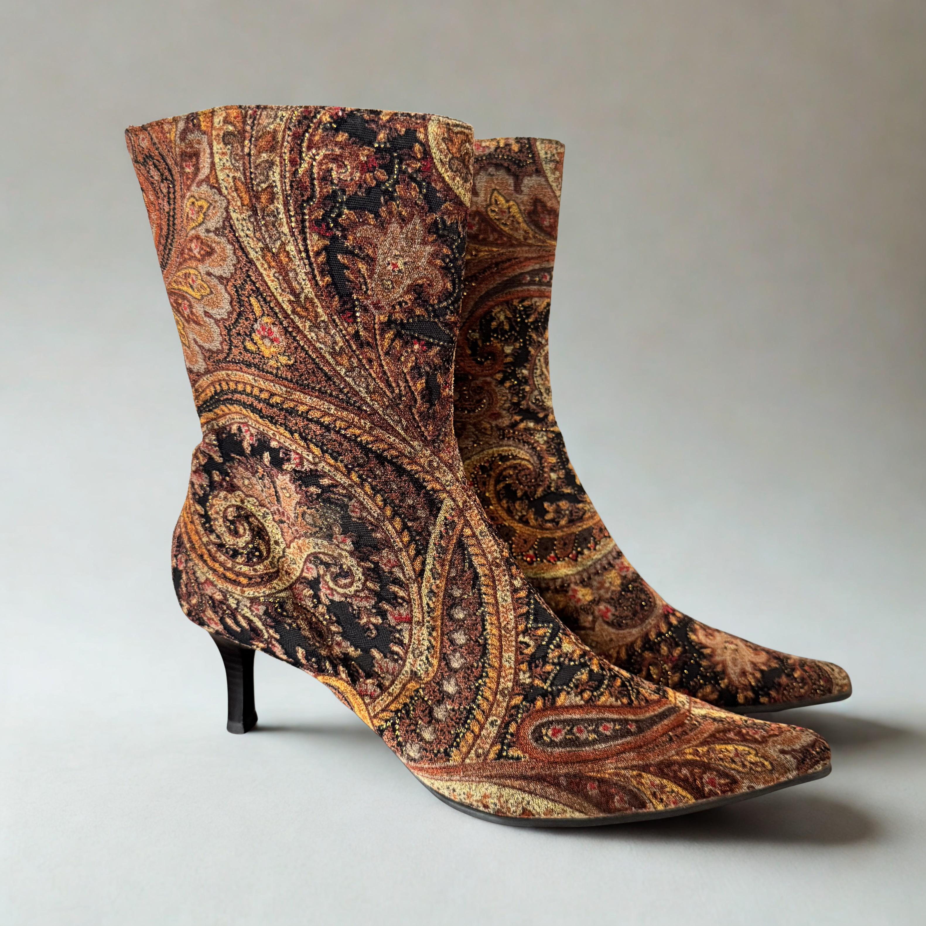 Predictions Brown Paisley Pointed Toe Mid Calf Boots