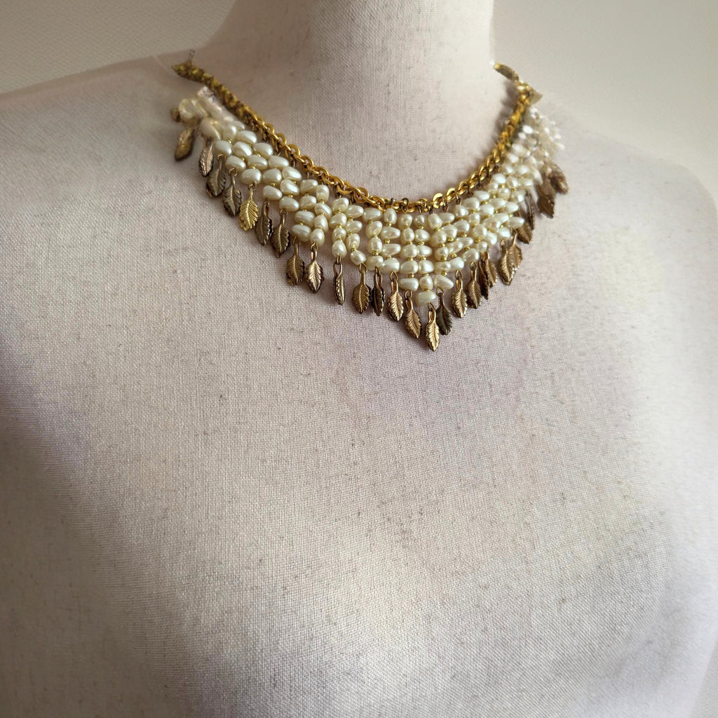 Pearl & Gold Leaf Statement Collar Necklace