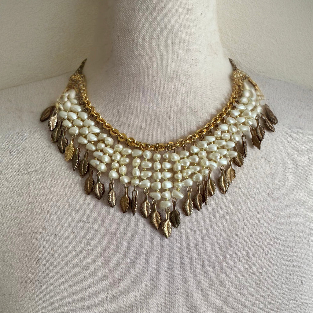 Pearl & Gold Leaf Statement Collar Necklace