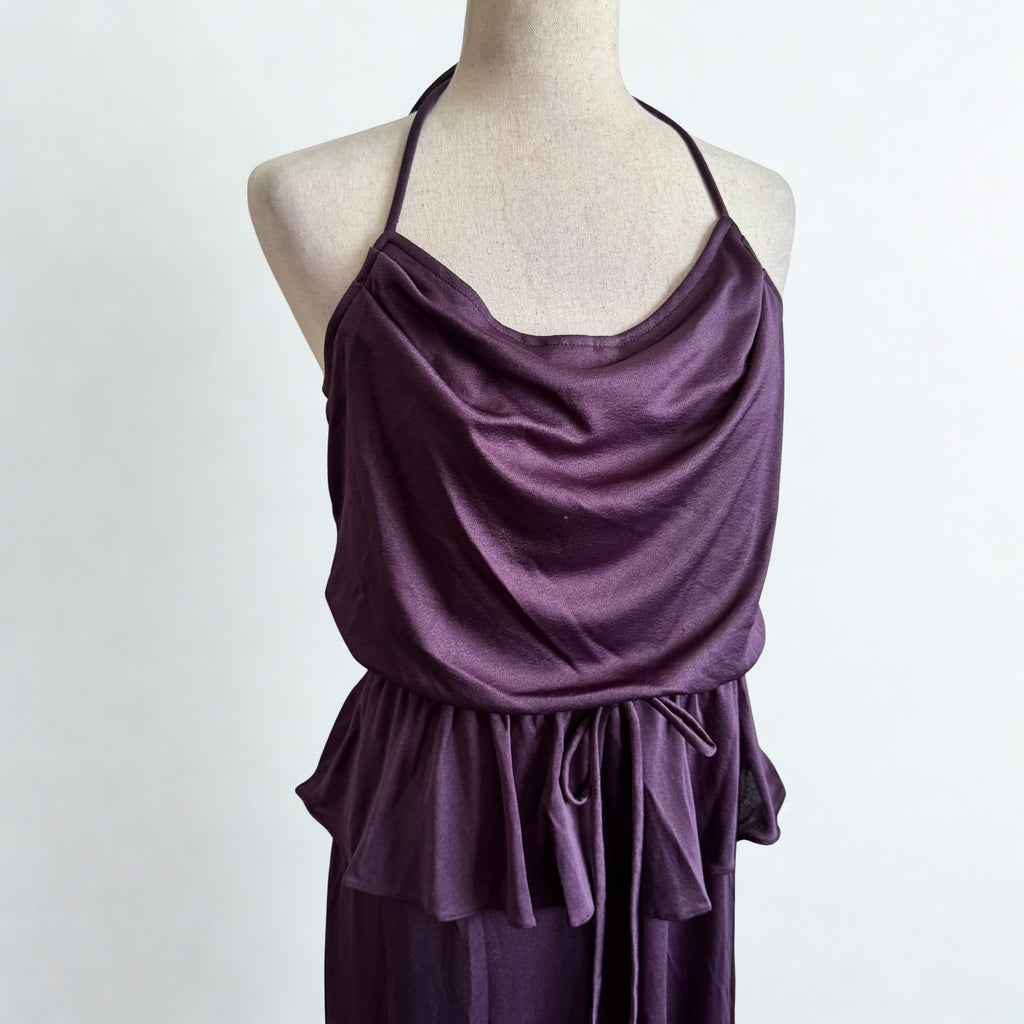 1970’s Plum Purple Peplum Waist Halter Maxi Dress